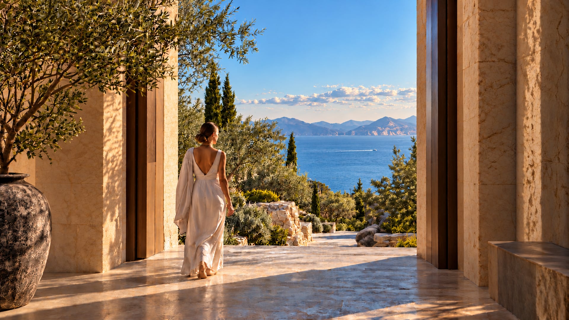 A sunlit stone doorway opening onto a Mediterranean garden and the sea